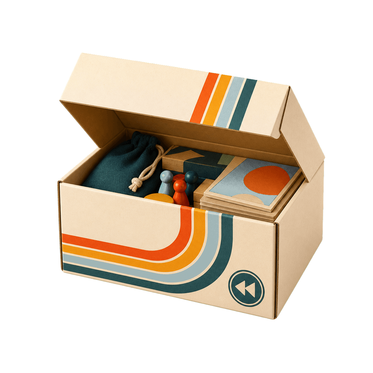 Caja de entrega Table Rewind con bandas naranja, mostaza, aqua y verde profundo