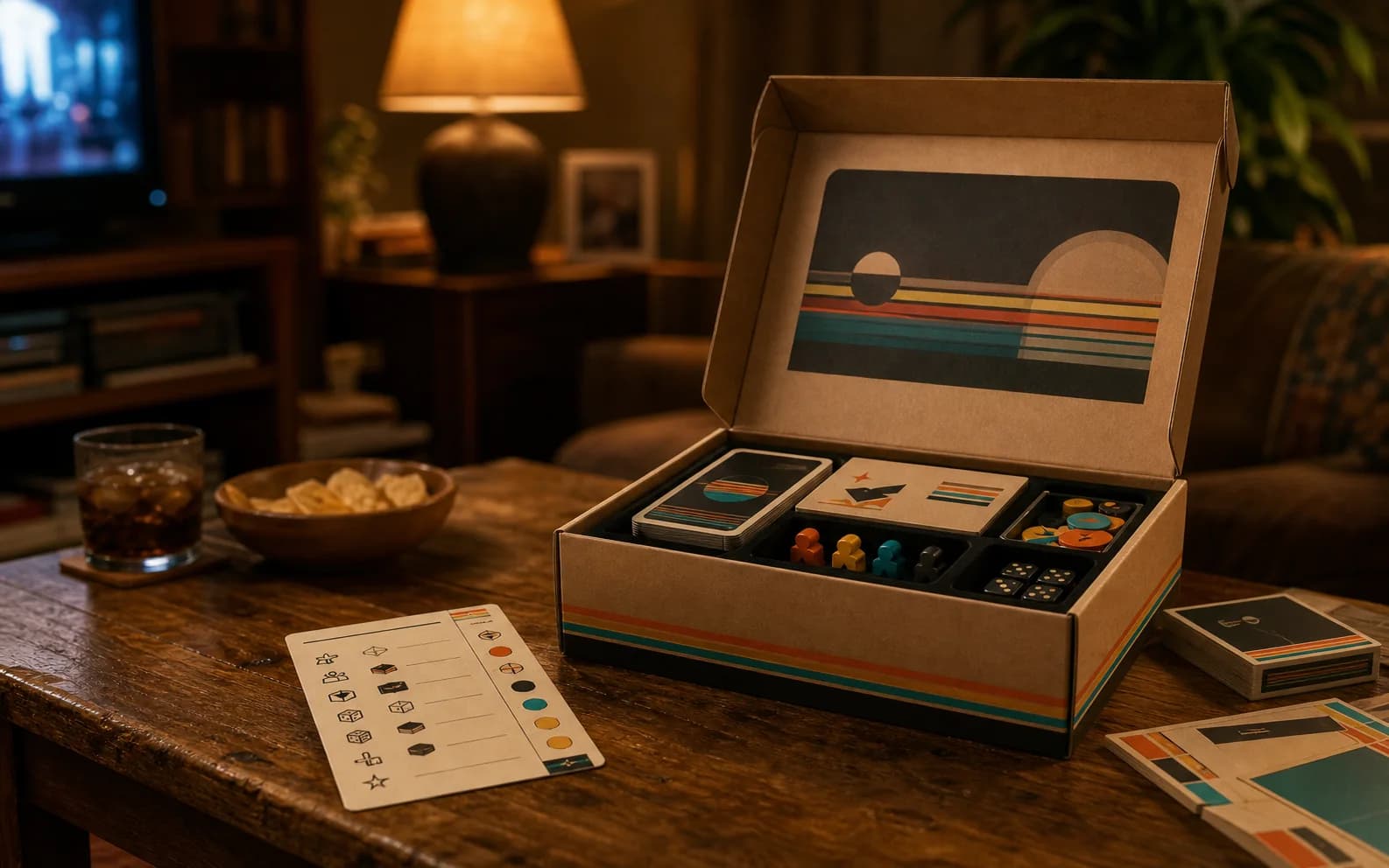 Mesa Table Rewind con checklist, fichas y caja de juego preparada para entrega