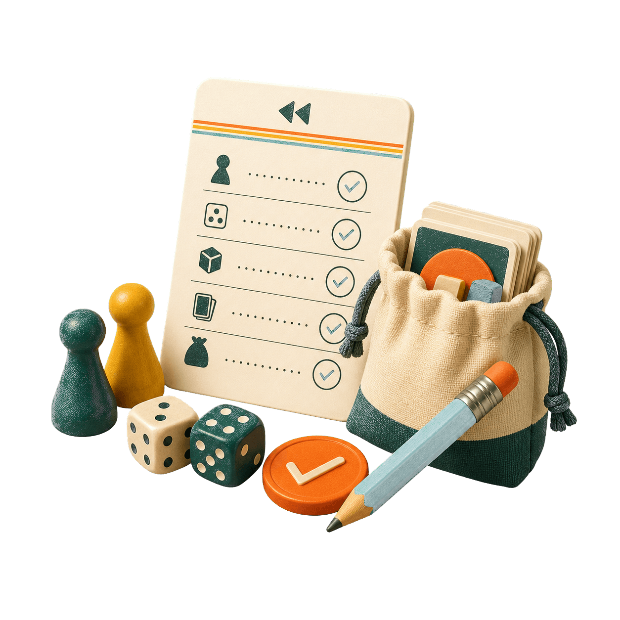 Checklist de devolución Table Rewind con fichas, dados y lápiz aqua