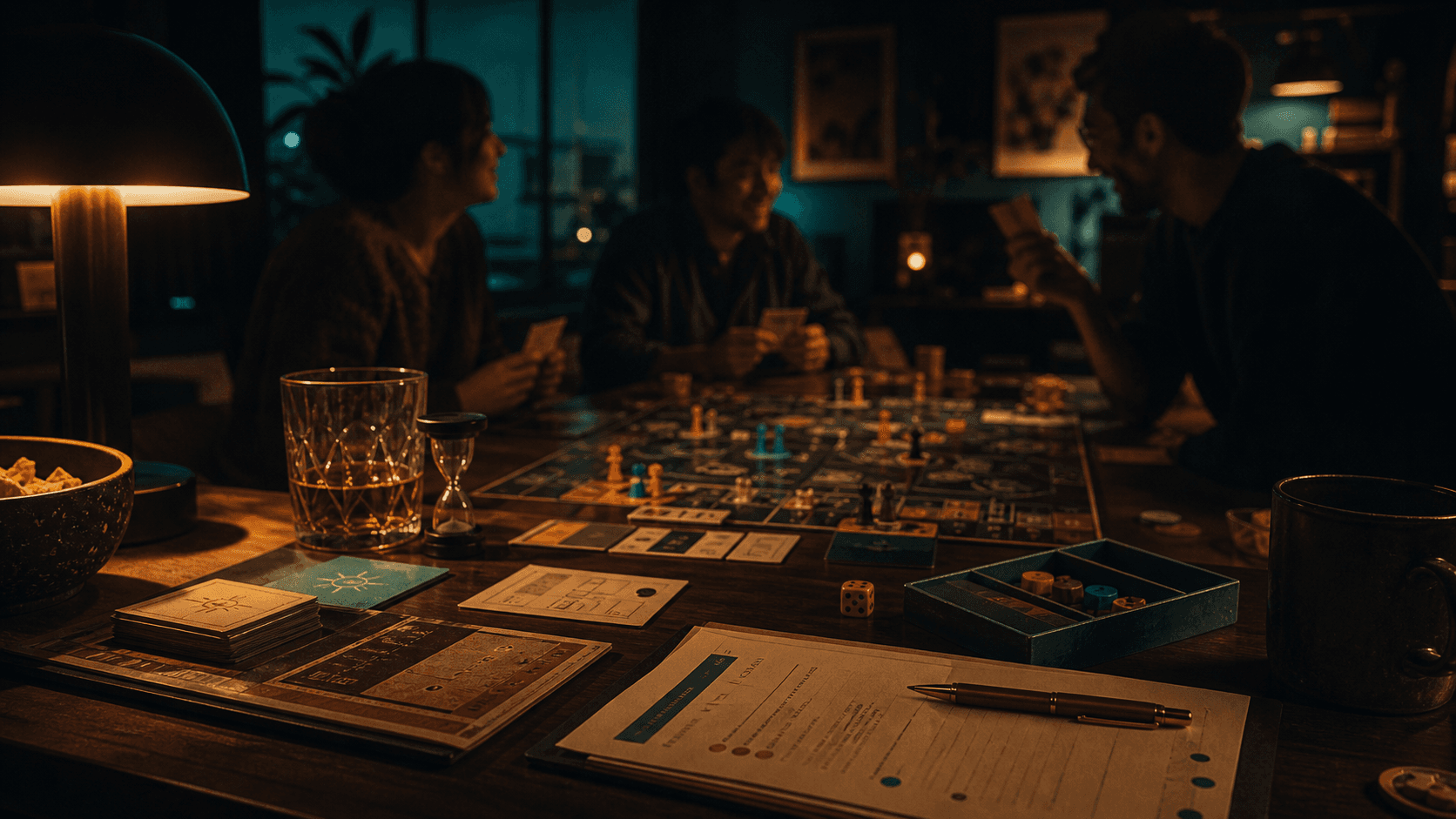 Mesa nocturna de juegos con amigos, luz cálida y ambiente Table Rewind