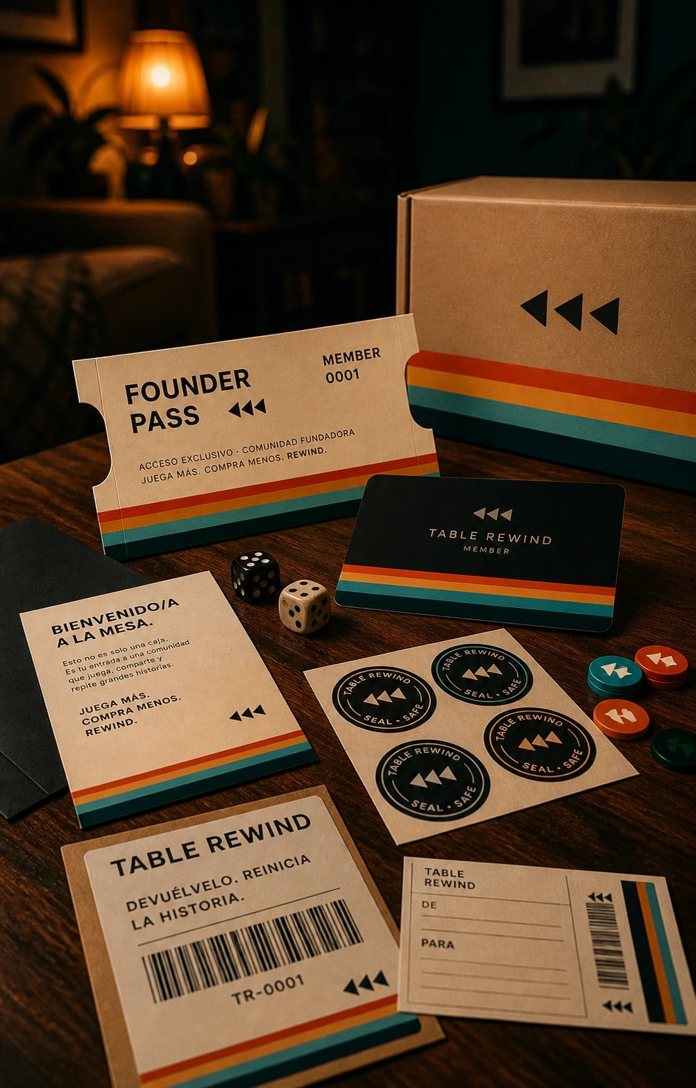 Pase de miembro, tarjeta y etiquetas Table Rewind sobre una mesa